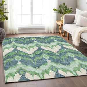 HomeRoots 8' X 10' Ikat Area Rug in Green & Ivory – Durable, Washable, UV-Protected for Homes with Kids & Pets! 662649