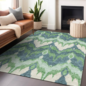 HomeRoots 8' X 10' Ikat Area Rug in Green & Ivory – Durable, Washable, UV-Protected for Homes with Kids & Pets! 662649