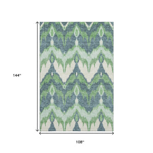 HomeRoots 9' X 12' Ikat Washable Area Rug in Green and Ivory – Durable, Stain-Resistant, UV Protected Design 662650