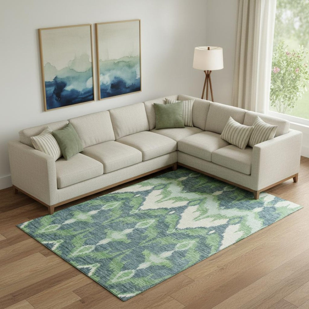 HomeRoots 9' X 12' Ikat Washable Area Rug in Green and Ivory – Durable, Stain-Resistant, UV Protected Design 662650