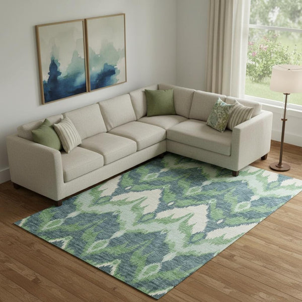 HomeRoots 9' X 12' Ikat Washable Area Rug in Green and Ivory – Durable, Stain-Resistant, UV Protected Design 662650