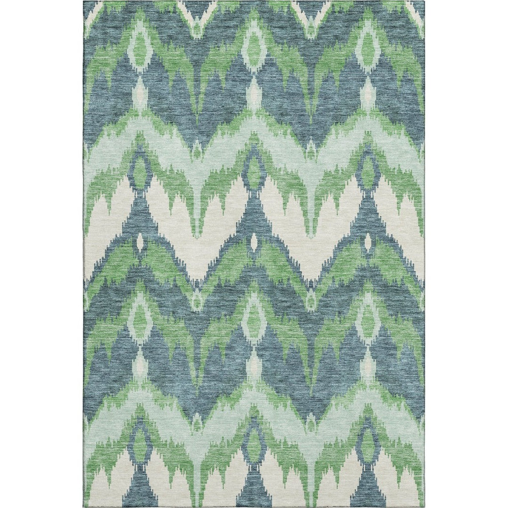 HomeRoots 9' X 12' Ikat Washable Area Rug in Green and Ivory – Durable, Stain-Resistant, UV Protected Design 662650