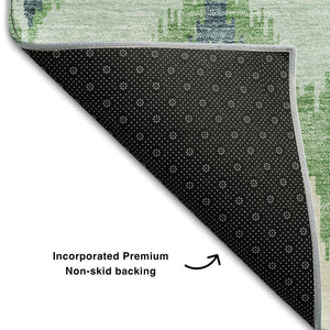 HomeRoots 9' X 12' Ikat Washable Area Rug in Green and Ivory – Durable, Stain-Resistant, UV Protected Design 662650