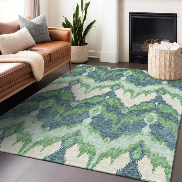 HomeRoots 9' X 12' Ikat Washable Area Rug in Green and Ivory – Durable, Stain-Resistant, UV Protected Design 662650