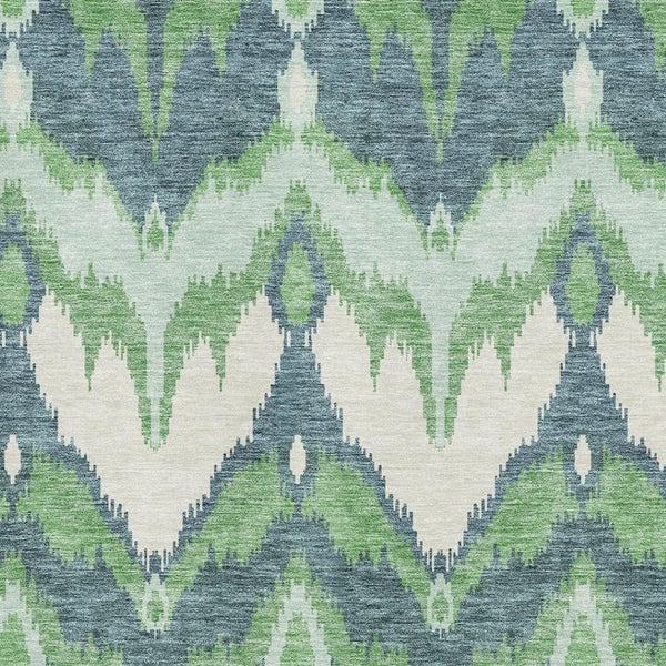 HomeRoots 9' X 12' Ikat Washable Area Rug in Green and Ivory – Durable, Stain-Resistant, UV Protected Design 662650