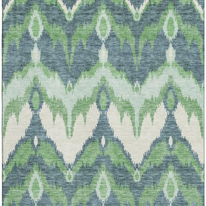 HomeRoots 9' X 12' Ikat Washable Area Rug in Green and Ivory – Durable, Stain-Resistant, UV Protected Design 662650