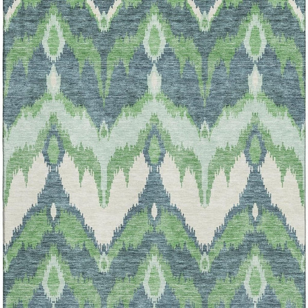 HomeRoots 9' X 12' Ikat Washable Area Rug in Green and Ivory – Durable, Stain-Resistant, UV Protected Design 662650