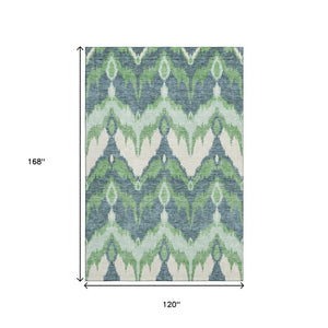 HomeRoots 10' X 14' Green And Ivory Ikat Area Rug - UV Protected, Stain Resistant, Perfect for High-Traffic Spaces 662651