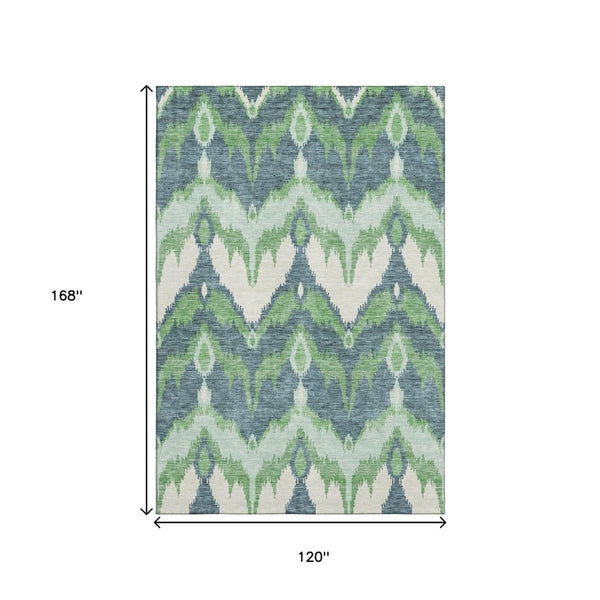 HomeRoots 10' X 14' Green And Ivory Ikat Area Rug - UV Protected, Stain Resistant, Perfect for High-Traffic Spaces 662651