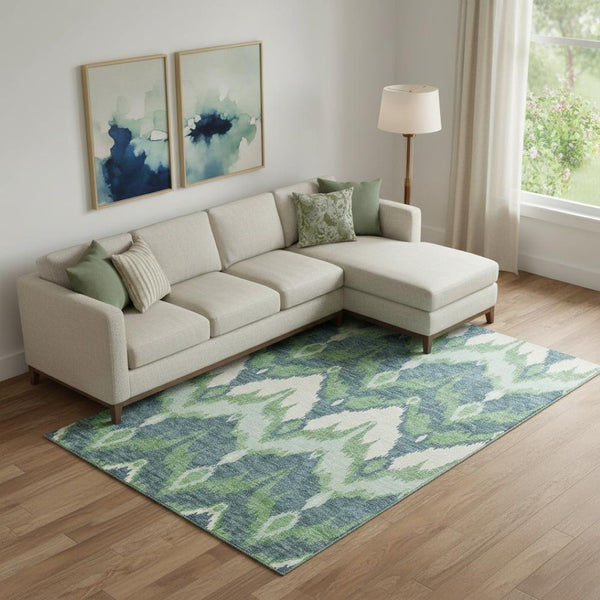 HomeRoots 10' X 14' Green And Ivory Ikat Area Rug - UV Protected, Stain Resistant, Perfect for High-Traffic Spaces 662651
