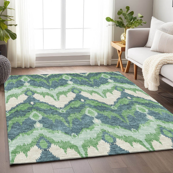 HomeRoots 10' X 14' Green And Ivory Ikat Area Rug - UV Protected, Stain Resistant, Perfect for High-Traffic Spaces 662651