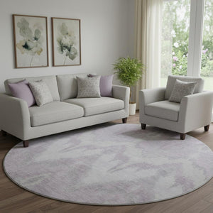 HomeRoots 8' Stylish Lavender and Silver Ikat Washable Round Rug with UV Protection for High-Traffic Areas 662654