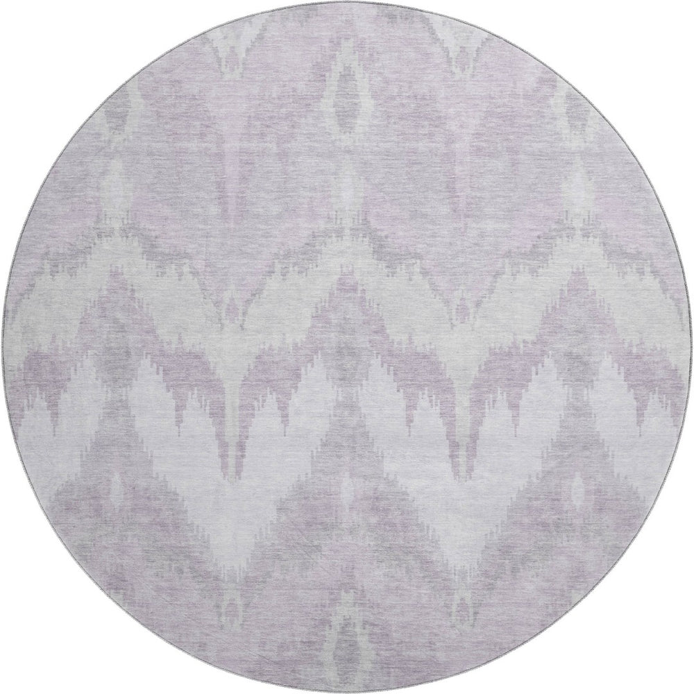 HomeRoots 8' Stylish Lavender and Silver Ikat Washable Round Rug with UV Protection for High-Traffic Areas 662654
