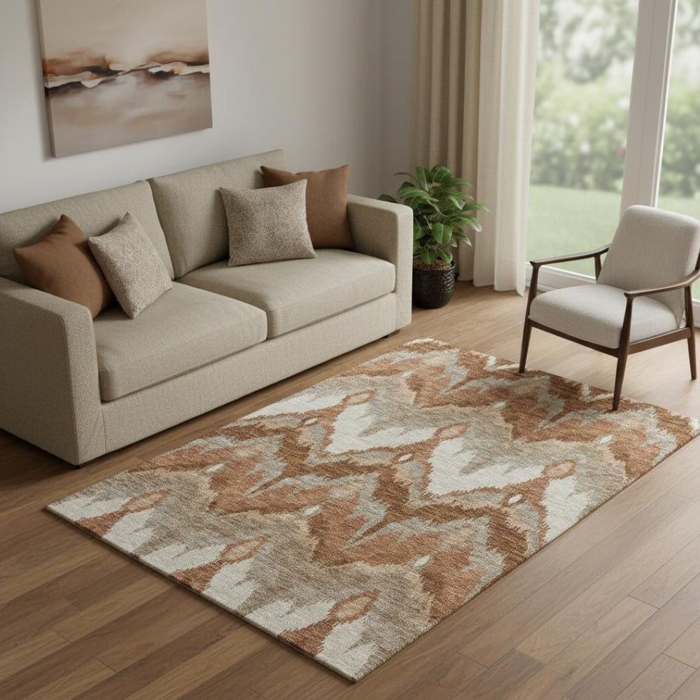 HomeRoots 5' X 8' Stylish Rust and Beige Ikat Area Rug - Washable, UV-Protected, Perfect for Family Homes! 662659