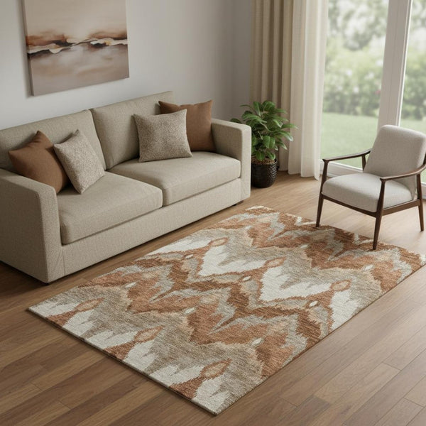 HomeRoots 5' X 8' Stylish Rust and Beige Ikat Area Rug - Washable, UV-Protected, Perfect for Family Homes! 662659