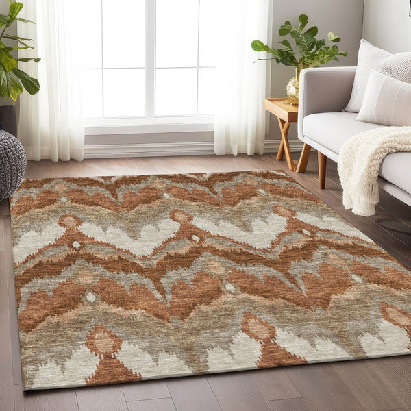 HomeRoots 5' X 8' Stylish Rust and Beige Ikat Area Rug - Washable, UV-Protected, Perfect for Family Homes! 662659