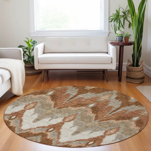 HomeRoots 8' Washable Rust and Beige Ikat Round Rug with UV Protection - Durable, Stain-Resistant, Stylish Design 662660