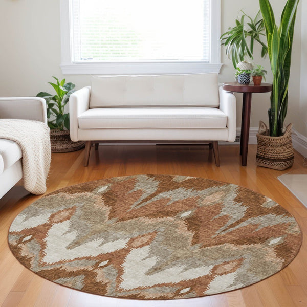HomeRoots 8' Washable Rust and Beige Ikat Round Rug with UV Protection - Durable, Stain-Resistant, Stylish Design 662660