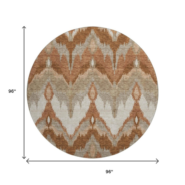 HomeRoots 8' Washable Rust and Beige Ikat Round Rug with UV Protection - Durable, Stain-Resistant, Stylish Design 662660
