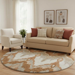 HomeRoots 8' Washable Rust and Beige Ikat Round Rug with UV Protection - Durable, Stain-Resistant, Stylish Design 662660