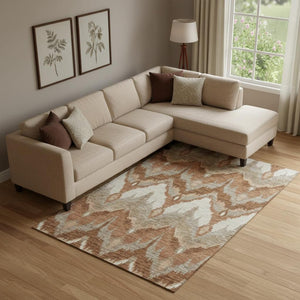 HomeRoots 9' X 12' Contemporary Rust and Beige Ikat Area Rug - Washable, Stain Resistant with UV Protection 662662
