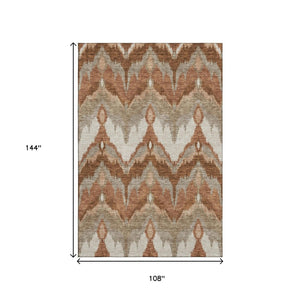 HomeRoots 9' X 12' Contemporary Rust and Beige Ikat Area Rug - Washable, Stain Resistant with UV Protection 662662