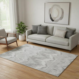 HomeRoots 5' X 8' Silver and Gray Ikat Area Rug – Stylish, Washable, UV-Protected, Stain-Resistant Design for Homes 662671