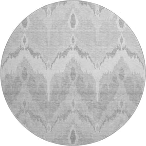 HomeRoots 8' Silver and Gray Ikat Washable Round Rug – Durable, Stain-Resistant with UV Protection for Homes 662672