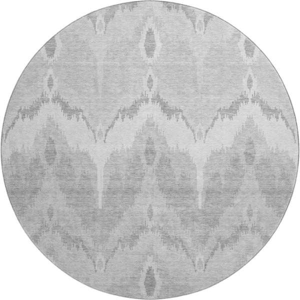 HomeRoots 8' Silver and Gray Ikat Washable Round Rug – Durable, Stain-Resistant with UV Protection for Homes 662672