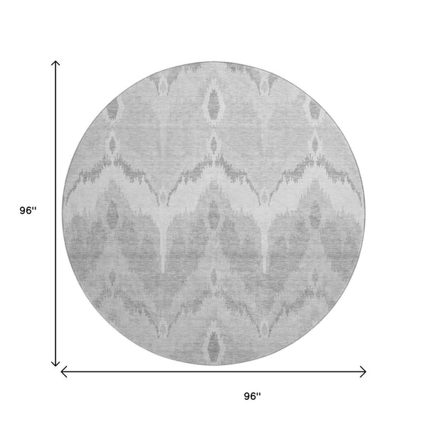 HomeRoots 8' Silver and Gray Ikat Washable Round Rug – Durable, Stain-Resistant with UV Protection for Homes 662672