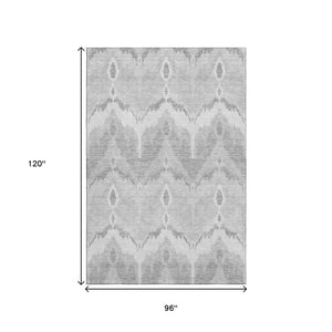 HomeRoots 8' X 10' Silver and Gray Ikat Area Rug - Washable, UV Protected, Durable for High-Traffic Spaces 662673