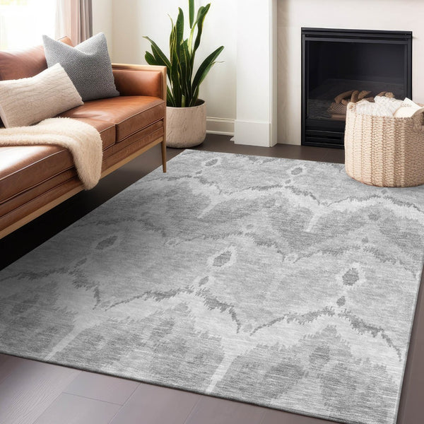 HomeRoots 9' X 12' Silver Ikat Area Rug - Durable, Washable, UV Protected for High-Traffic Homes & Style 662674