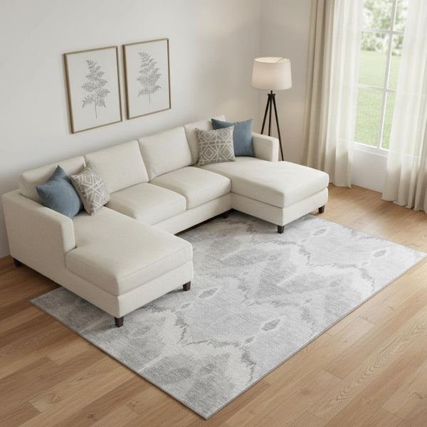 HomeRoots 10' Ikat Washable Area Rug in Silver & Gray - Durable, UV Protected, Ideal for Modern Living Spaces 662675