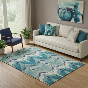HomeRoots 5' X 8' Teal Ikat Area Rug - Washable, UV-Resistant, Stain-Repellent, Ideal for High-Traffic Spaces 662677