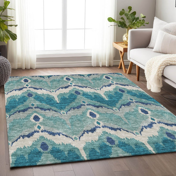 HomeRoots 5' X 8' Teal Ikat Area Rug - Washable, UV-Resistant, Stain-Repellent, Ideal for High-Traffic Spaces 662677
