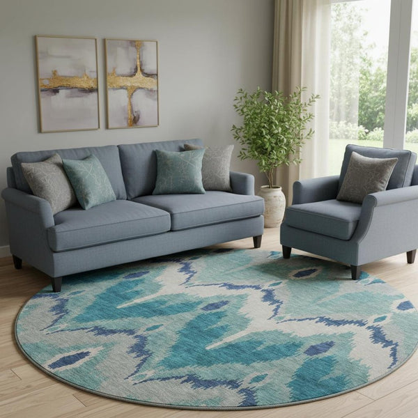HomeRoots 8' Teal And Ivory Ikat Round Rug - Washable, UV Protected, Stylish Design for High-Traffic Spaces 662678