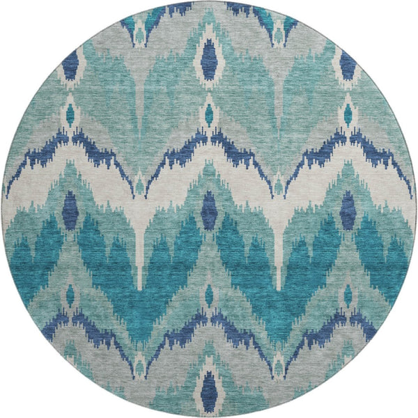HomeRoots 8' Teal And Ivory Ikat Round Rug - Washable, UV Protected, Stylish Design for High-Traffic Spaces 662678