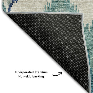 HomeRoots 8' Teal And Ivory Ikat Round Rug - Washable, UV Protected, Stylish Design for High-Traffic Spaces 662678