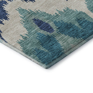 HomeRoots 8' Teal And Ivory Ikat Round Rug - Washable, UV Protected, Stylish Design for High-Traffic Spaces 662678