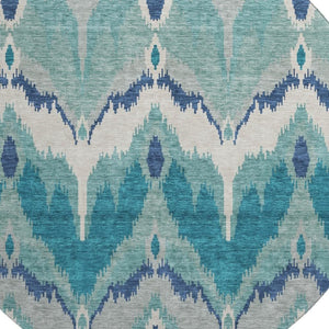 HomeRoots 8' Teal And Ivory Ikat Round Rug - Washable, UV Protected, Stylish Design for High-Traffic Spaces 662678