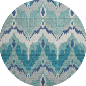 HomeRoots 8' Teal And Ivory Ikat Round Rug - Washable, UV Protected, Stylish Design for High-Traffic Spaces 662678