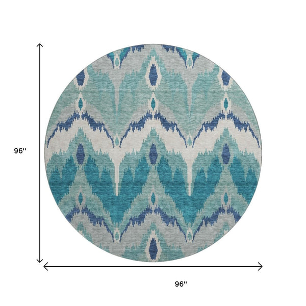 HomeRoots 8' Teal And Ivory Ikat Round Rug - Washable, UV Protected, Stylish Design for High-Traffic Spaces 662678