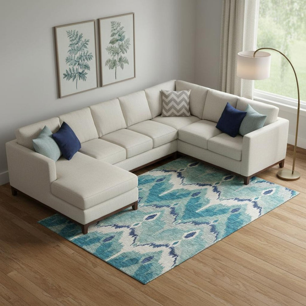 HomeRoots 8' X 10' Teal and Ivory Ikat Washable Area Rug with UV Protection for Stylish, High-Traffic Spaces 662679