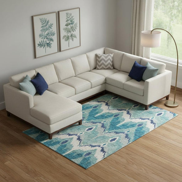 HomeRoots 8' X 10' Teal and Ivory Ikat Washable Area Rug with UV Protection for Stylish, High-Traffic Spaces 662679