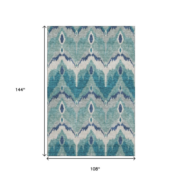 HomeRoots 9' X 12' Teal and Ivory Ikat Area Rug – Durable, Stain-Resistant, UV Protected for Modern Homes 662680