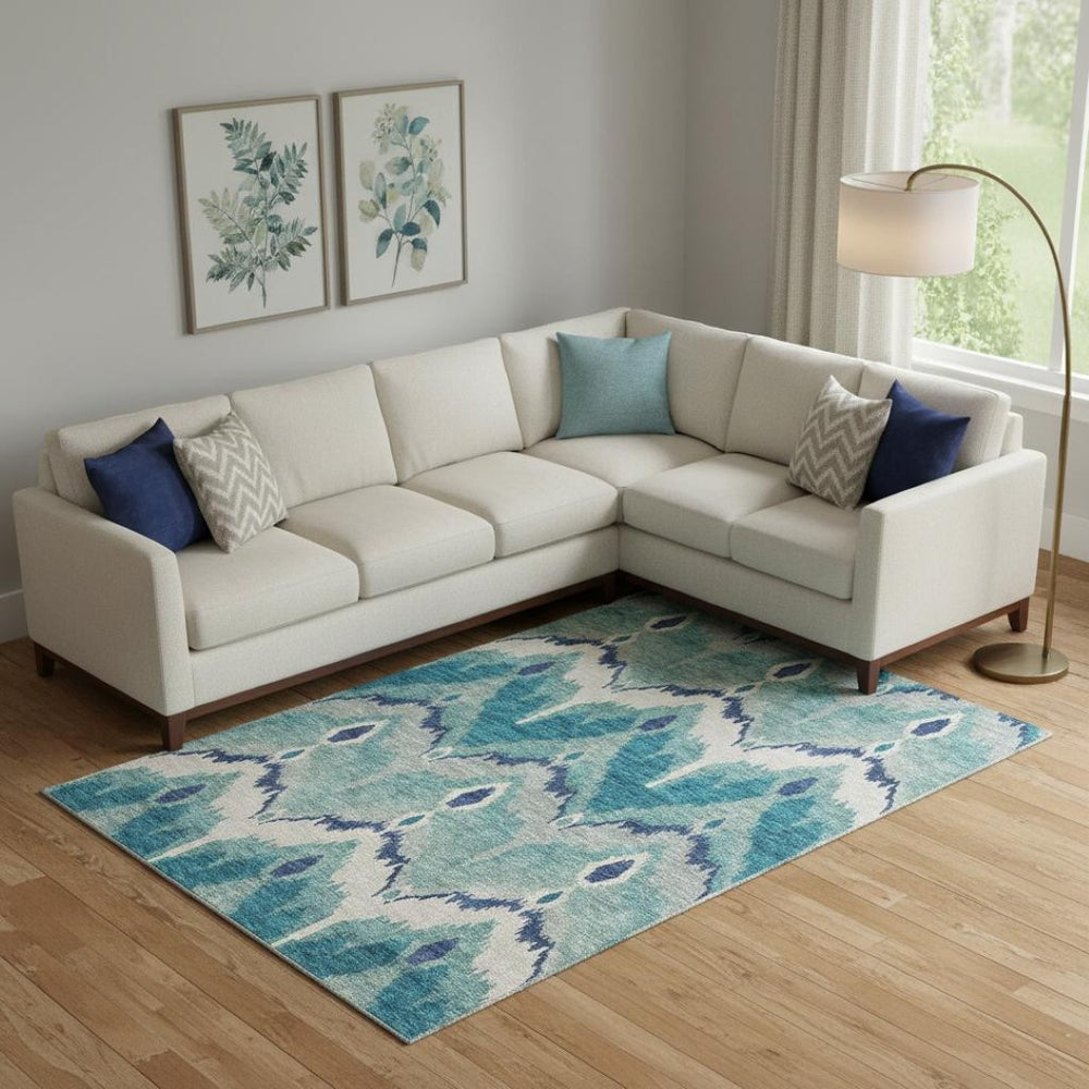 HomeRoots 9' X 12' Teal and Ivory Ikat Area Rug – Durable, Stain-Resistant, UV Protected for Modern Homes 662680