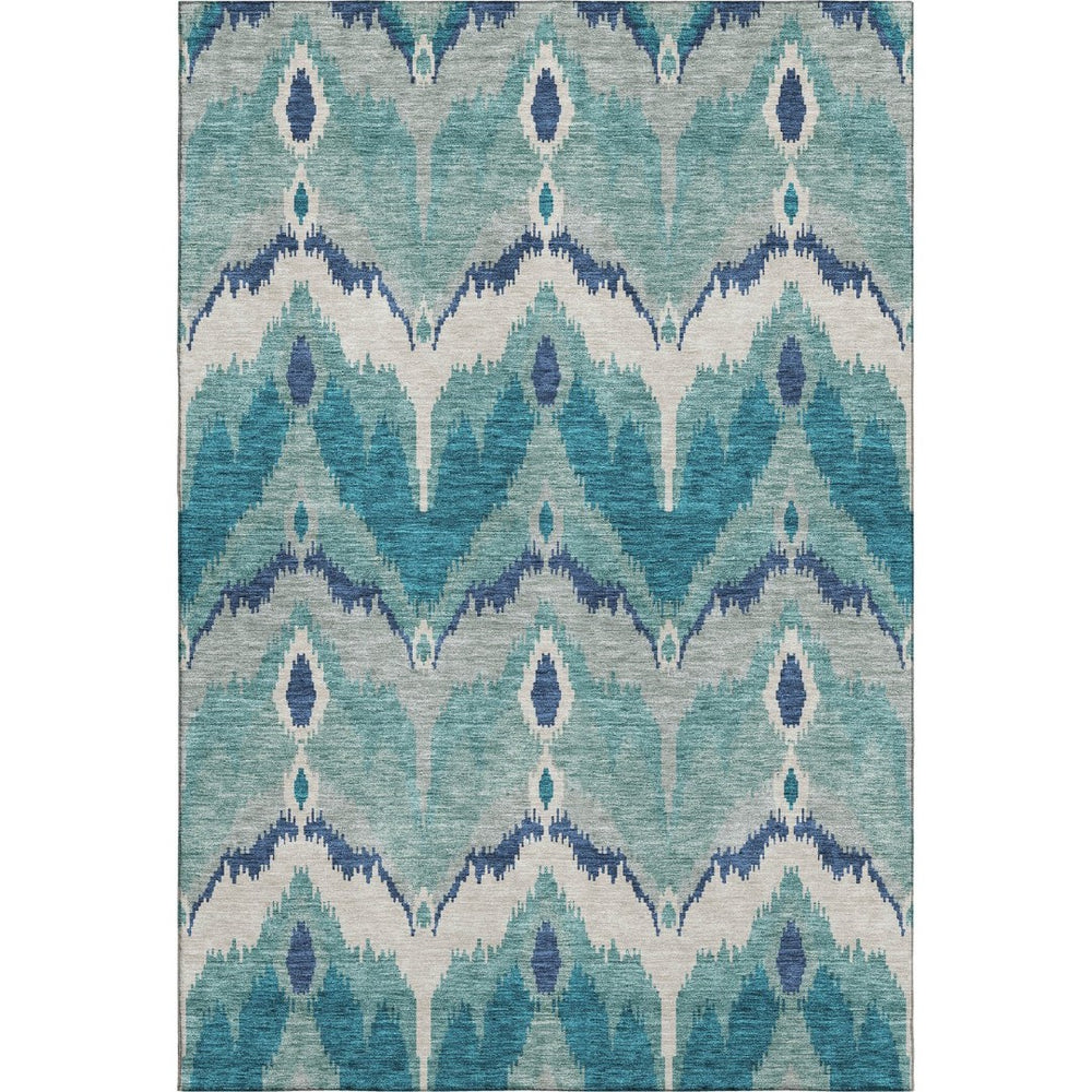 HomeRoots 9' X 12' Teal and Ivory Ikat Area Rug – Durable, Stain-Resistant, UV Protected for Modern Homes 662680