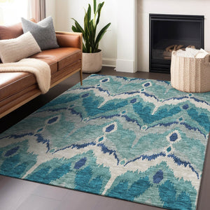 HomeRoots 9' X 12' Teal and Ivory Ikat Area Rug – Durable, Stain-Resistant, UV Protected for Modern Homes 662680