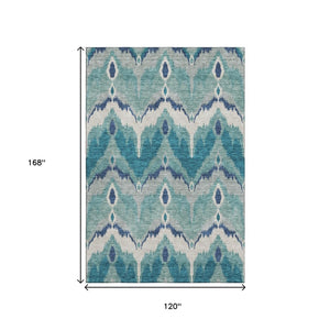 HomeRoots 10' X 14' Teal and Ivory Ikat Area Rug - UV Protected, Washable, Stylish & Durable for Homes 662681