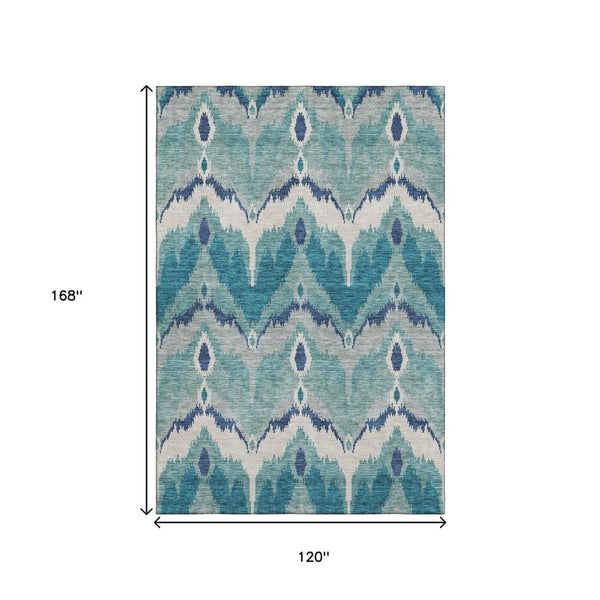 HomeRoots 10' X 14' Teal and Ivory Ikat Area Rug - UV Protected, Washable, Stylish & Durable for Homes 662681